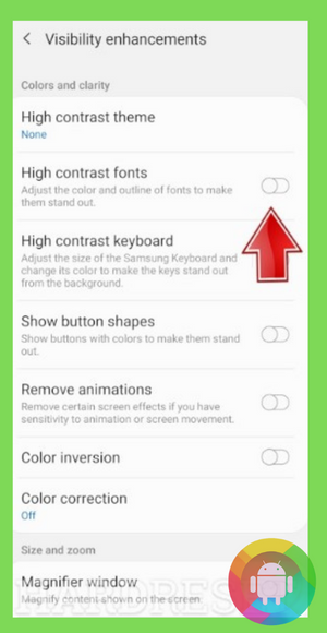 how to turn off high contrast mode on android phone